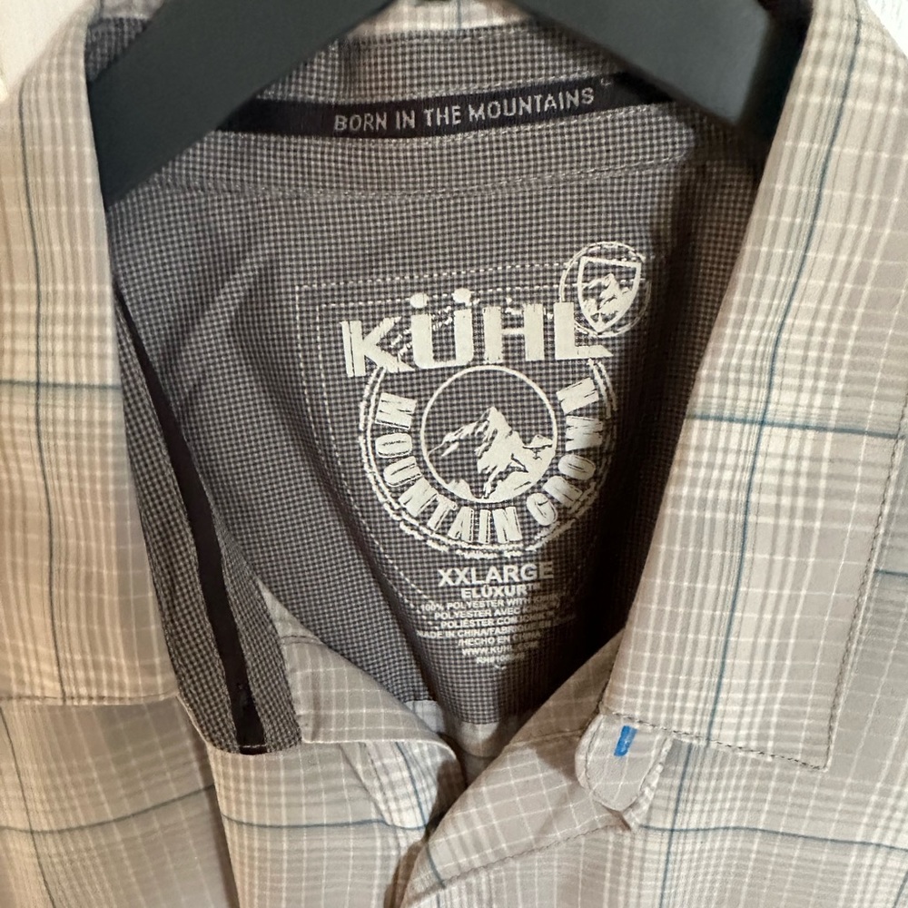 Light blue and gray plaid short sleeve Kuhl Short Sleeve shirt.